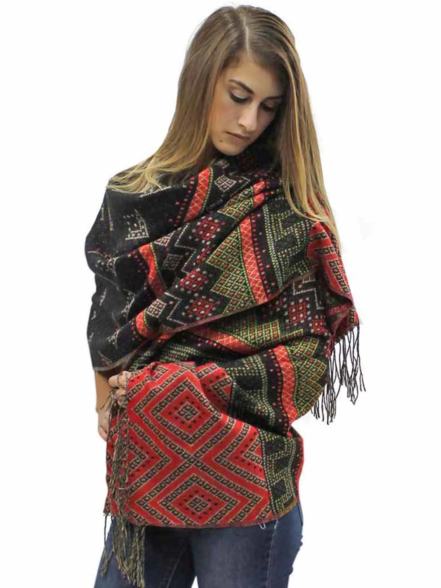 Multicolor Ikat Print Blanket Scarf Wrap With Metallic Trim