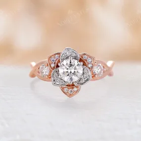 Nature inspired Moissanite Floral Engagement Ring Rose&White Gold