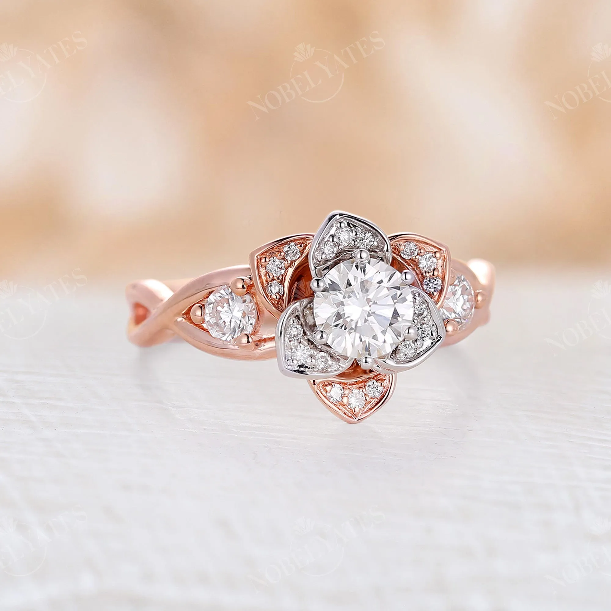 Nature inspired Moissanite Floral Engagement Ring Rose&White Gold