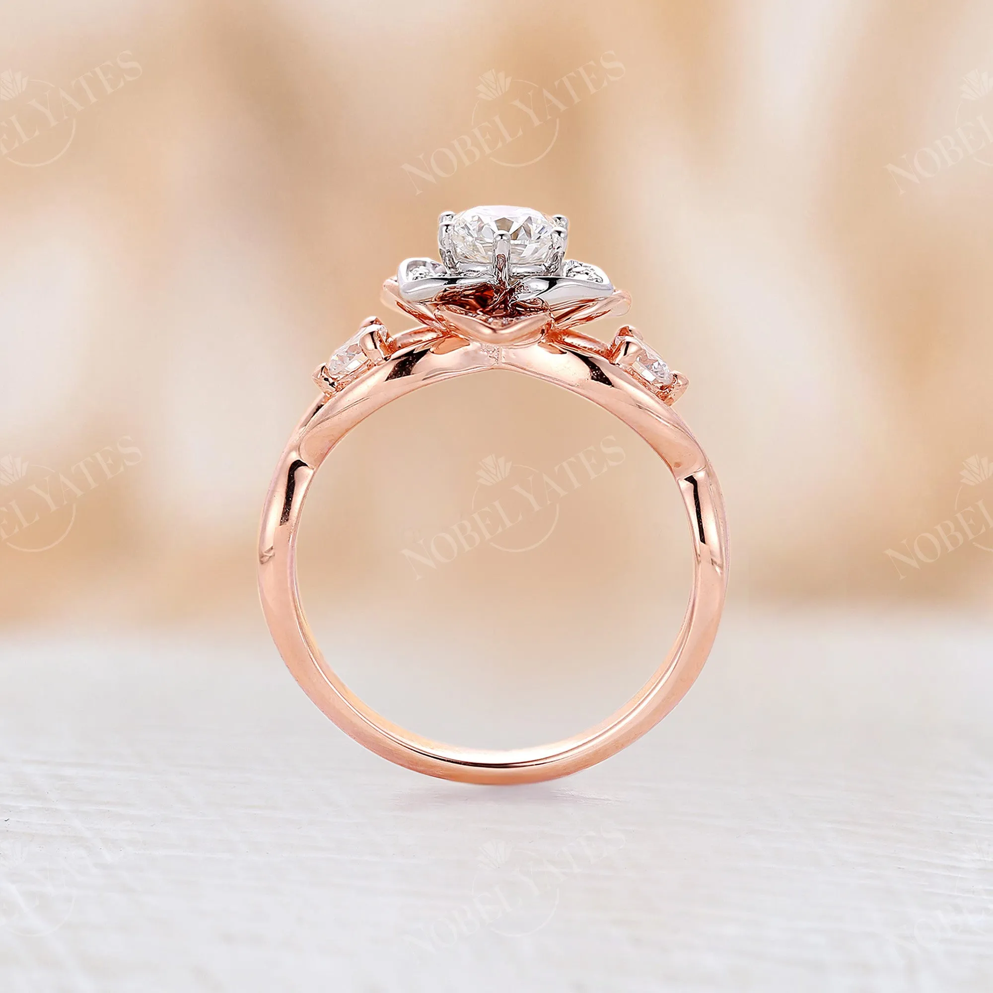 Nature inspired Moissanite Floral Engagement Ring Rose&White Gold