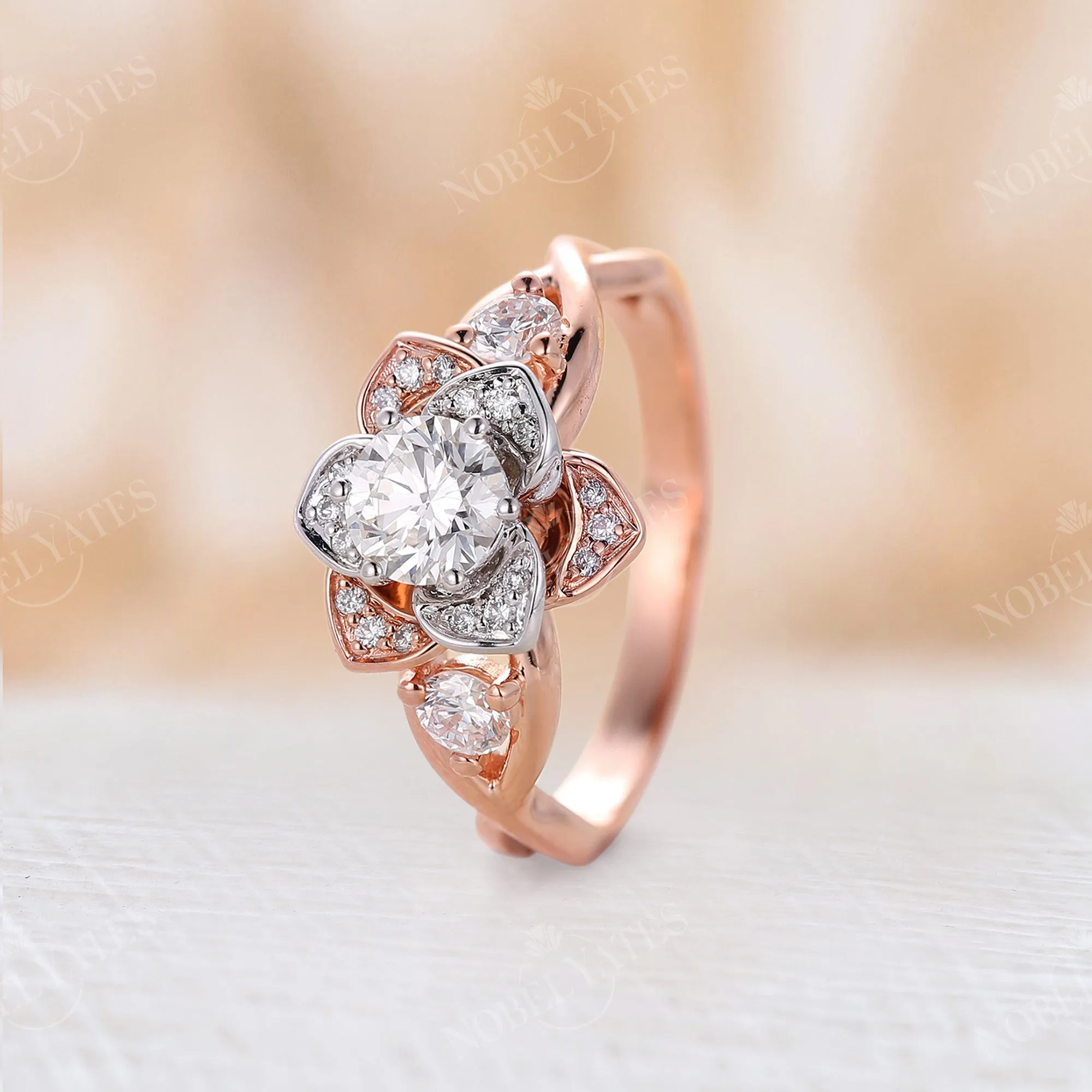 Nature inspired Moissanite Floral Engagement Ring Rose&White Gold