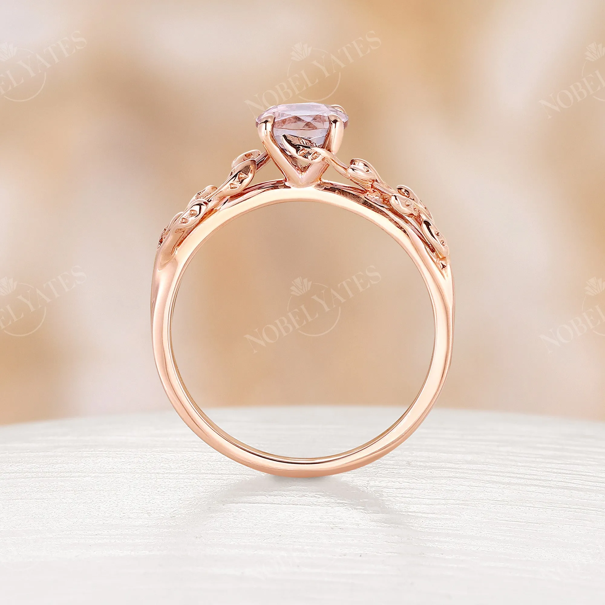 Nature Inspired Pink Morganite Rose Gold Branch Leaf Engagement Ring