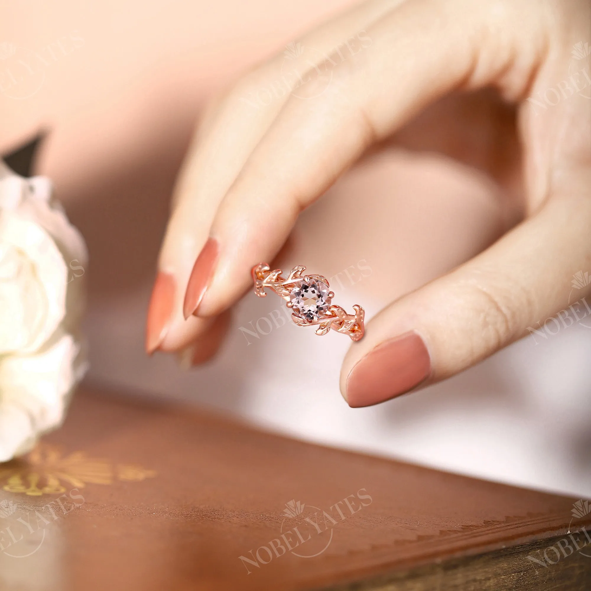 Nature Inspired Pink Morganite Rose Gold Branch Leaf Engagement Ring