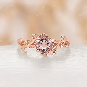 Nature Inspired Pink Morganite Rose Gold Branch Leaf Engagement Ring