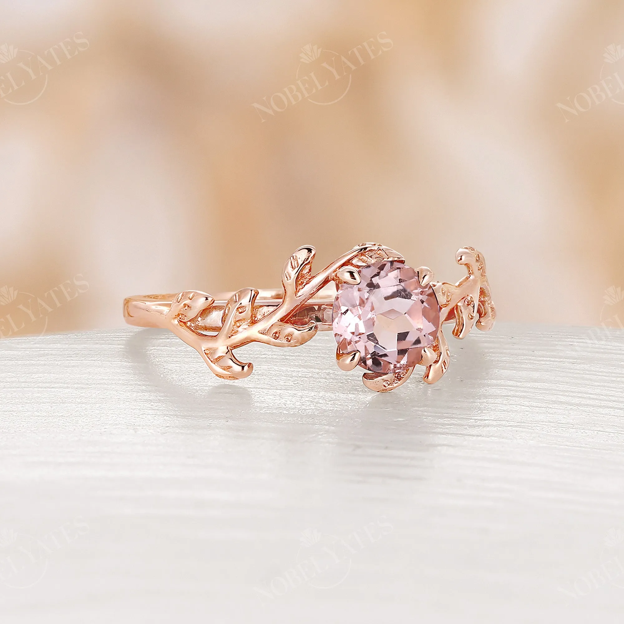 Nature Inspired Pink Morganite Rose Gold Branch Leaf Engagement Ring