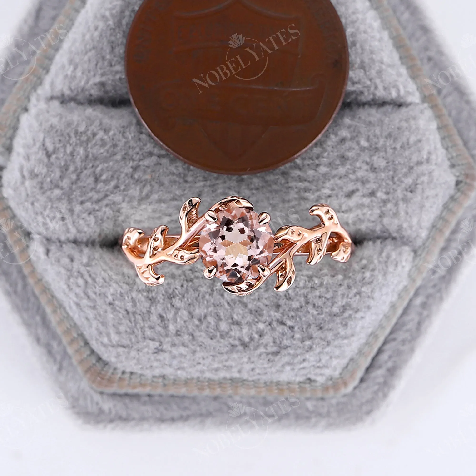 Nature Inspired Pink Morganite Rose Gold Branch Leaf Engagement Ring