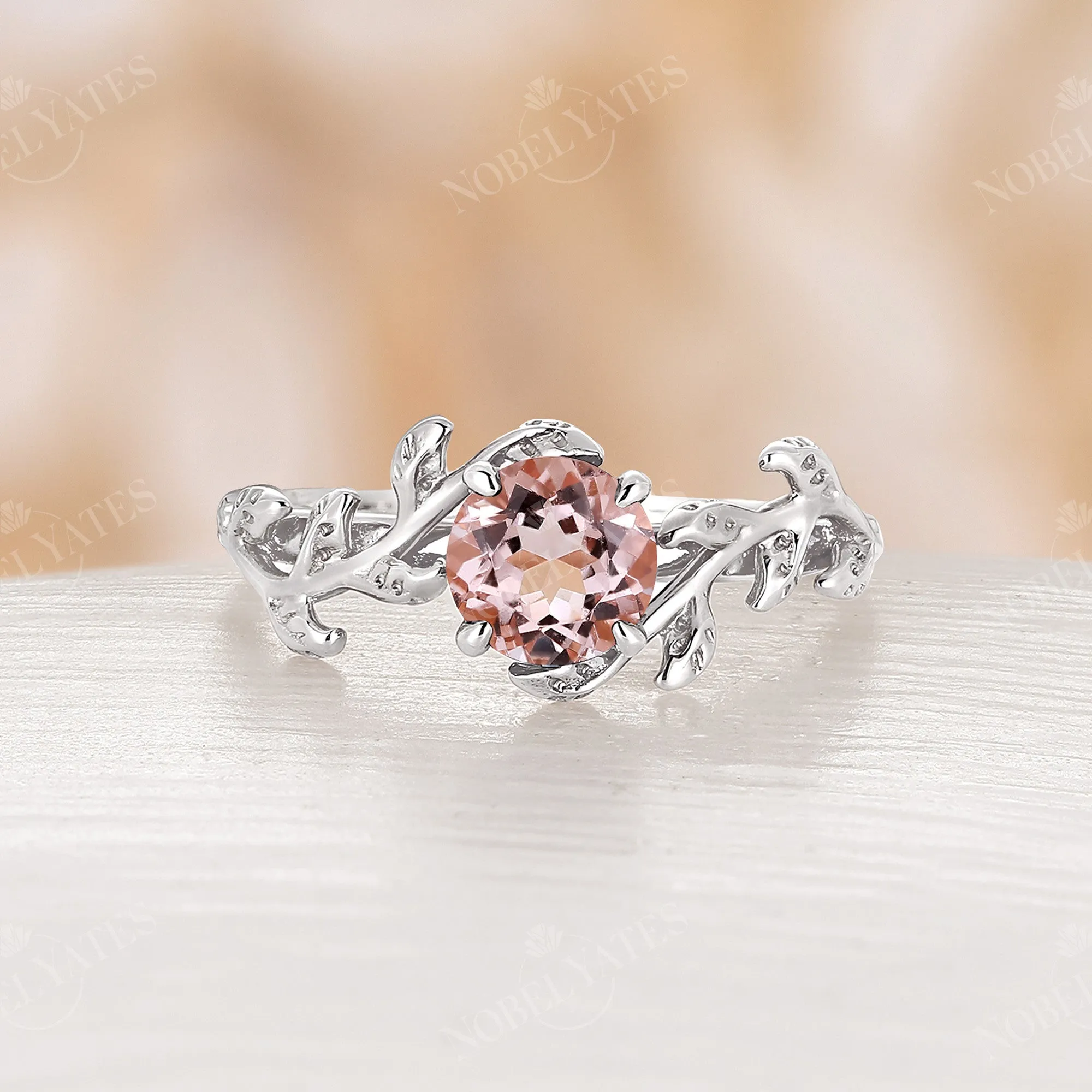 Nature Inspired Pink Morganite Rose Gold Branch Leaf Engagement Ring