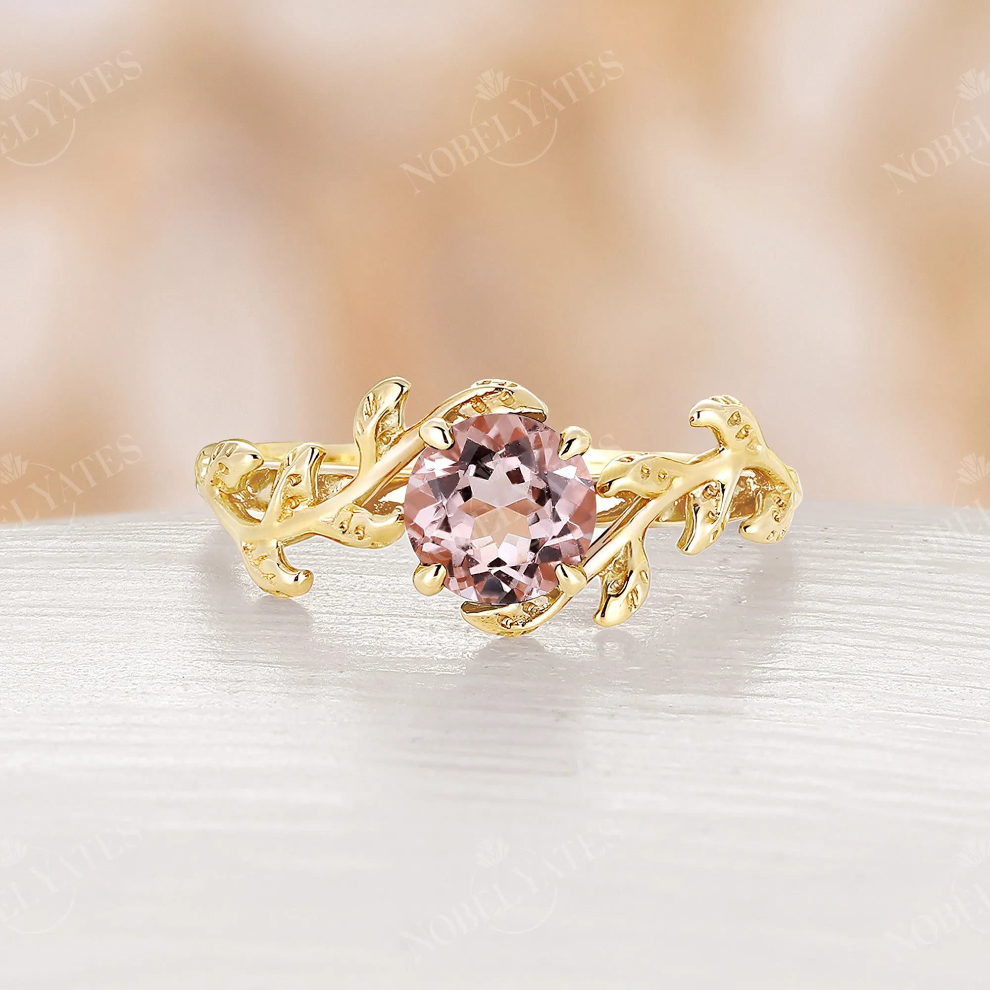 Nature Inspired Pink Morganite Rose Gold Branch Leaf Engagement Ring