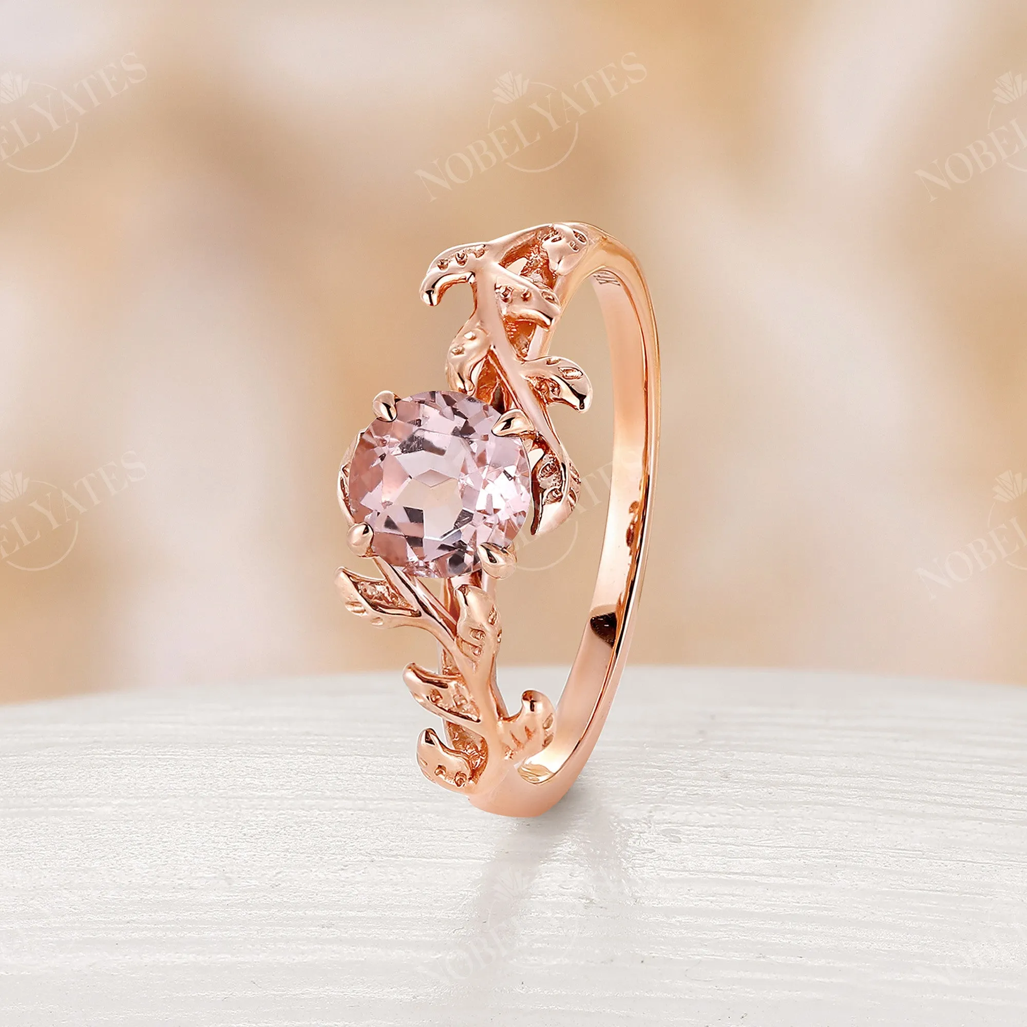 Nature Inspired Pink Morganite Rose Gold Branch Leaf Engagement Ring