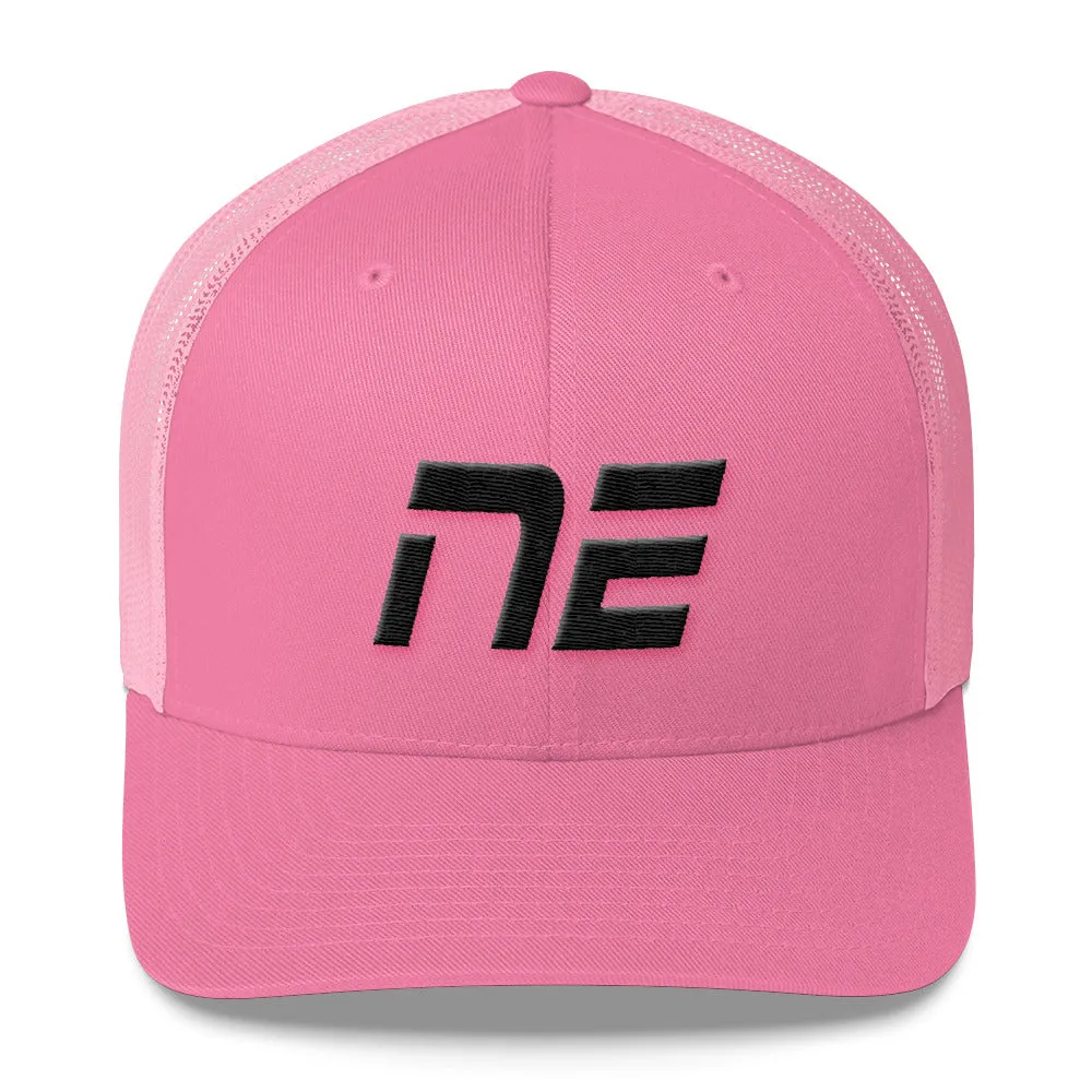 Nebraska - Mesh Back Trucker Cap - Black Embroidery - NE - Many Hat Color Options Available