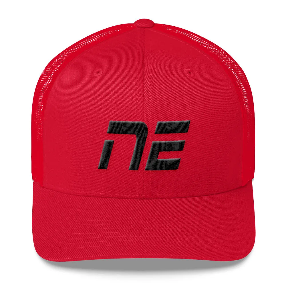 Nebraska - Mesh Back Trucker Cap - Black Embroidery - NE - Many Hat Color Options Available