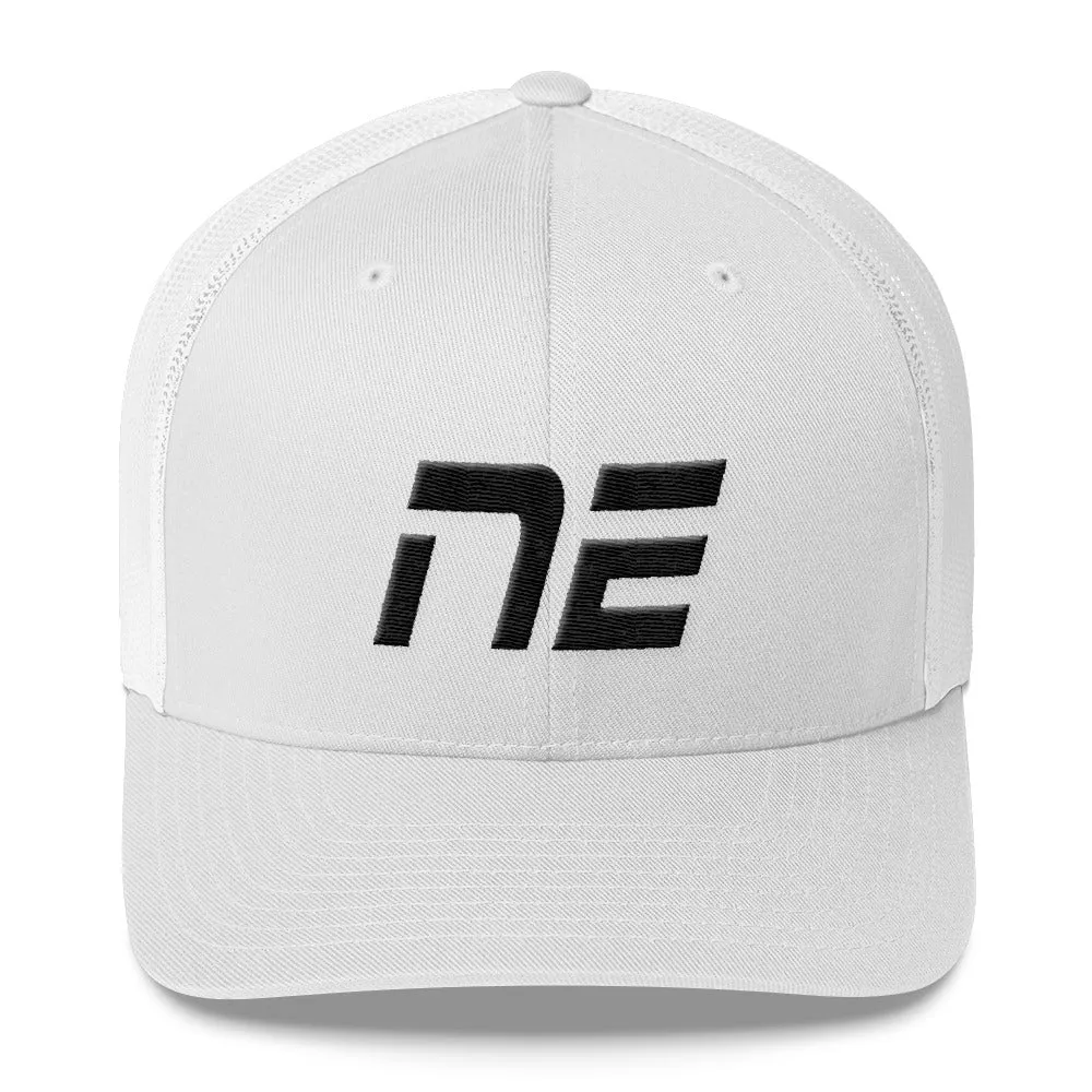 Nebraska - Mesh Back Trucker Cap - Black Embroidery - NE - Many Hat Color Options Available