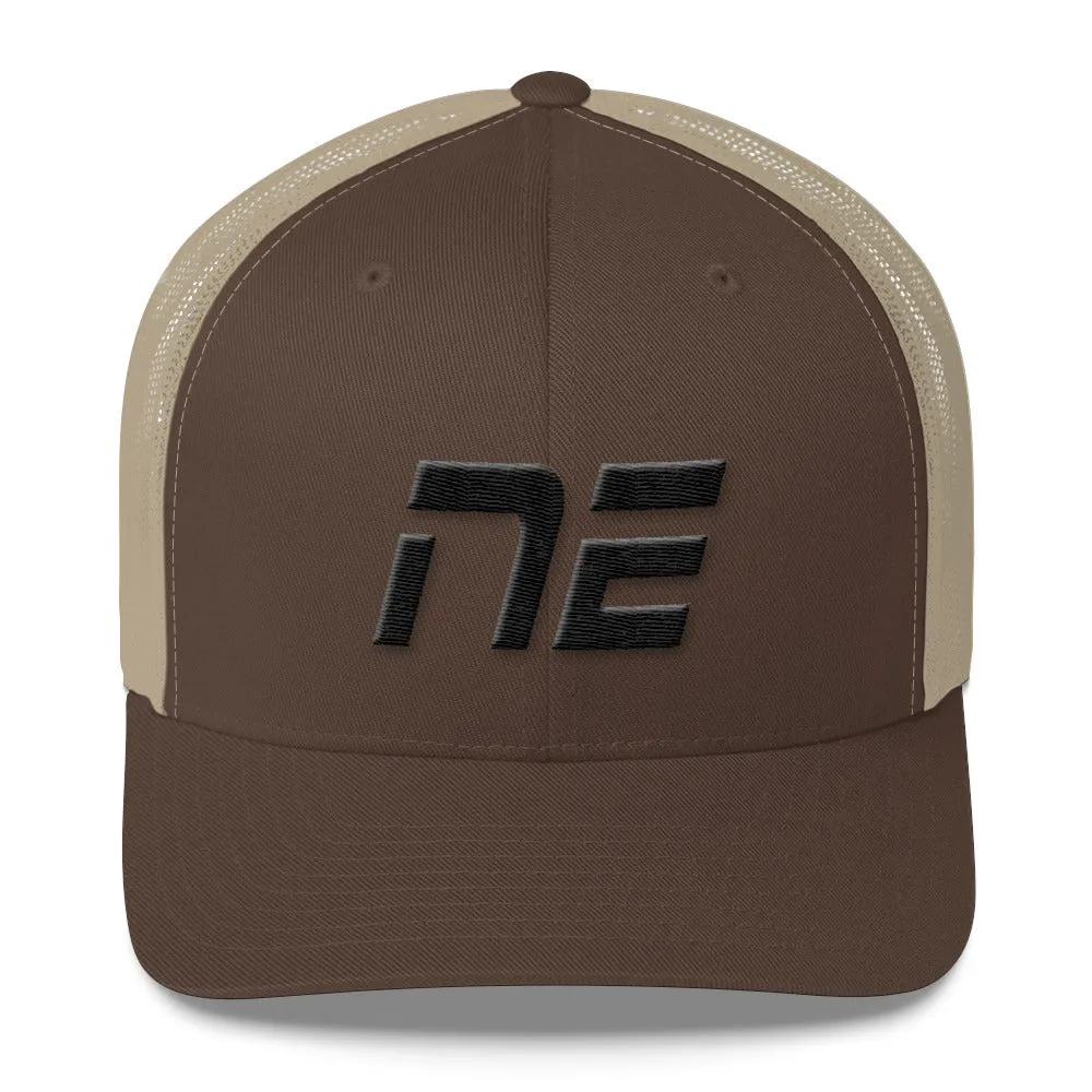 Nebraska - Mesh Back Trucker Cap - Black Embroidery - NE - Many Hat Color Options Available