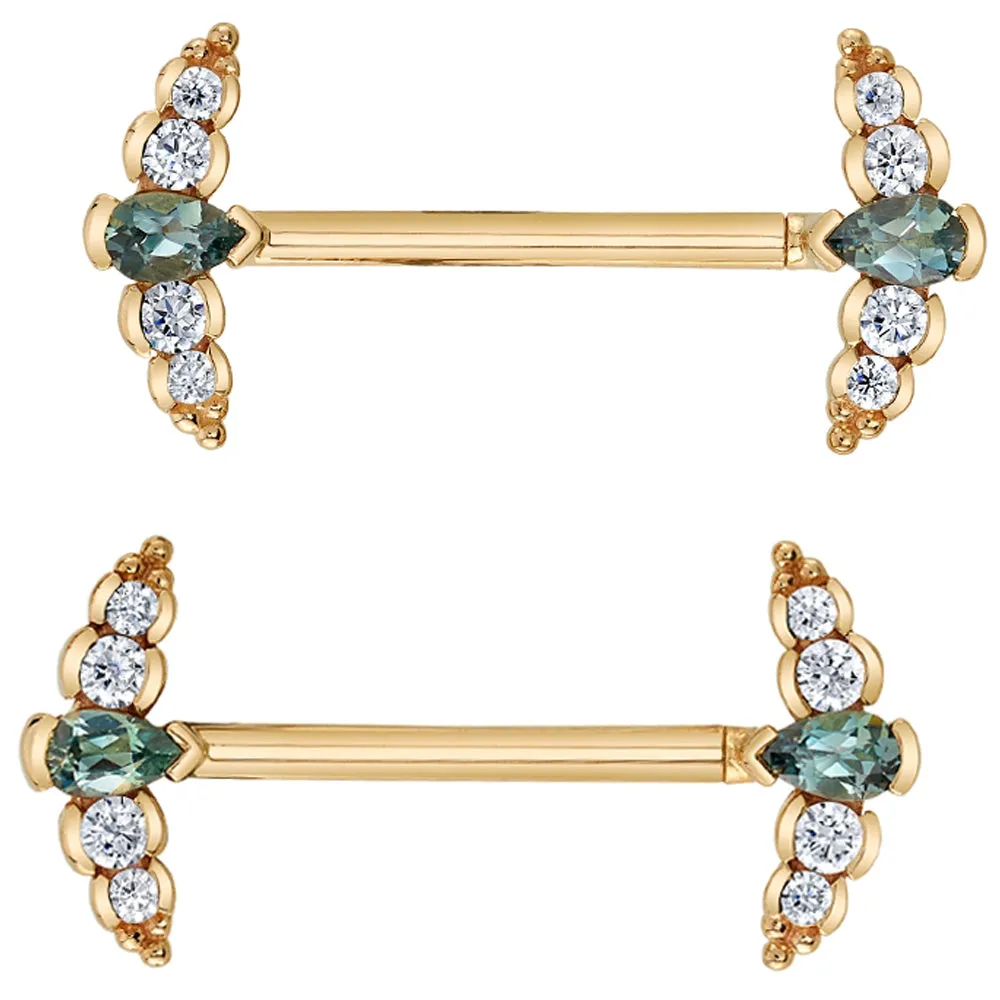 Nikki Panaraya Forward Facing Nipple Barbells in Gold with Grey Sapphire & Diamonds