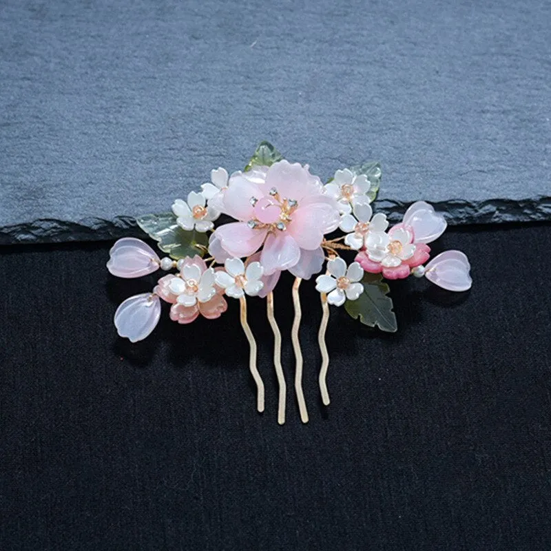 Peach White Floral Butterfly CZ Bridal Wedding Hair Comb Accessory