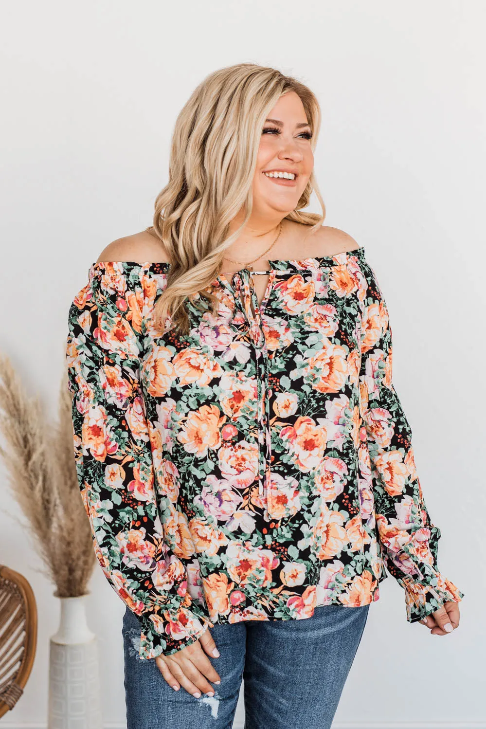 Peak My Interest Floral Off The Shoulder Top- Black