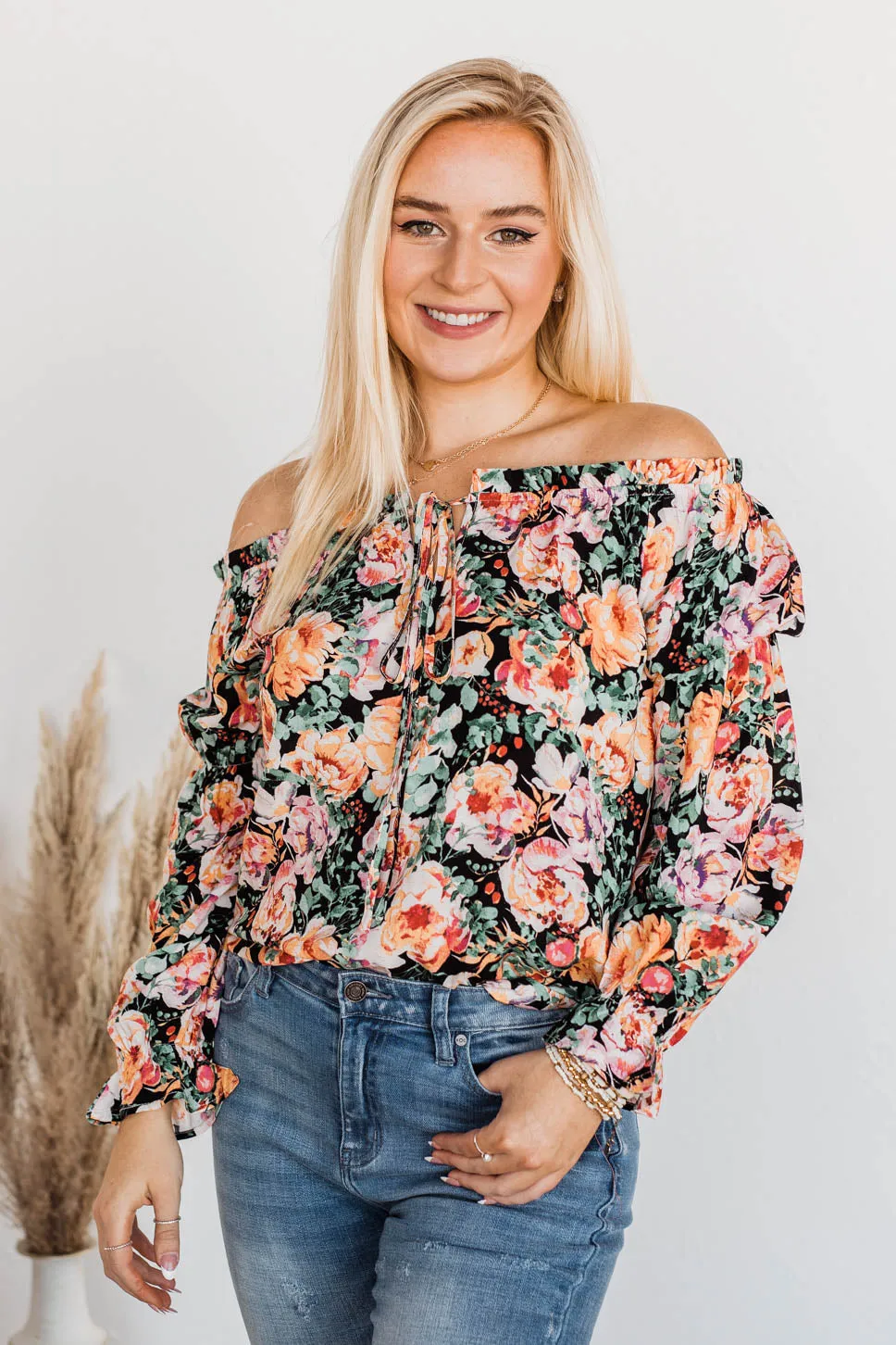 Peak My Interest Floral Off The Shoulder Top- Black