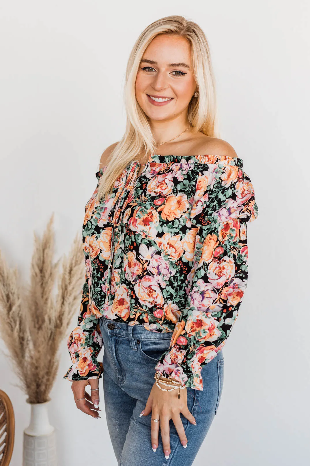 Peak My Interest Floral Off The Shoulder Top- Black