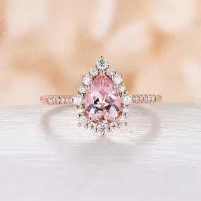 Pear Orange Pink Morganite Vintage Halo Engagement Ring Rose Gold