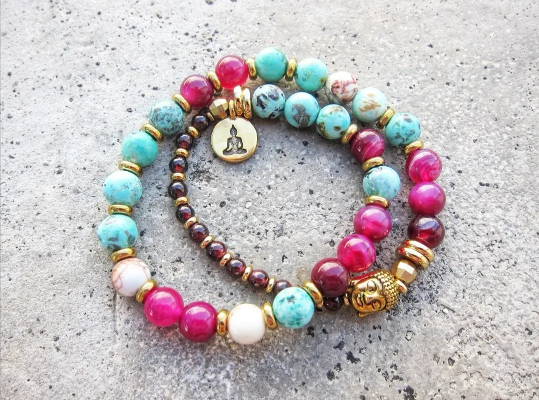 Peruvian Turquoise, Pink Fuchsia Agate in 27 Bead Mala Bracelet