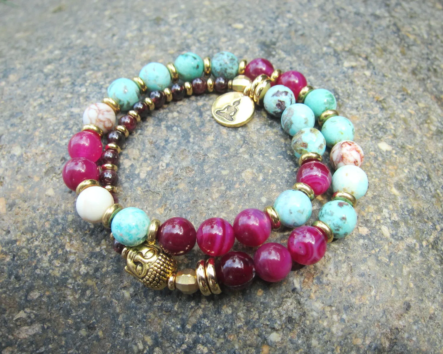 Peruvian Turquoise, Pink Fuchsia Agate in 27 Bead Mala Bracelet