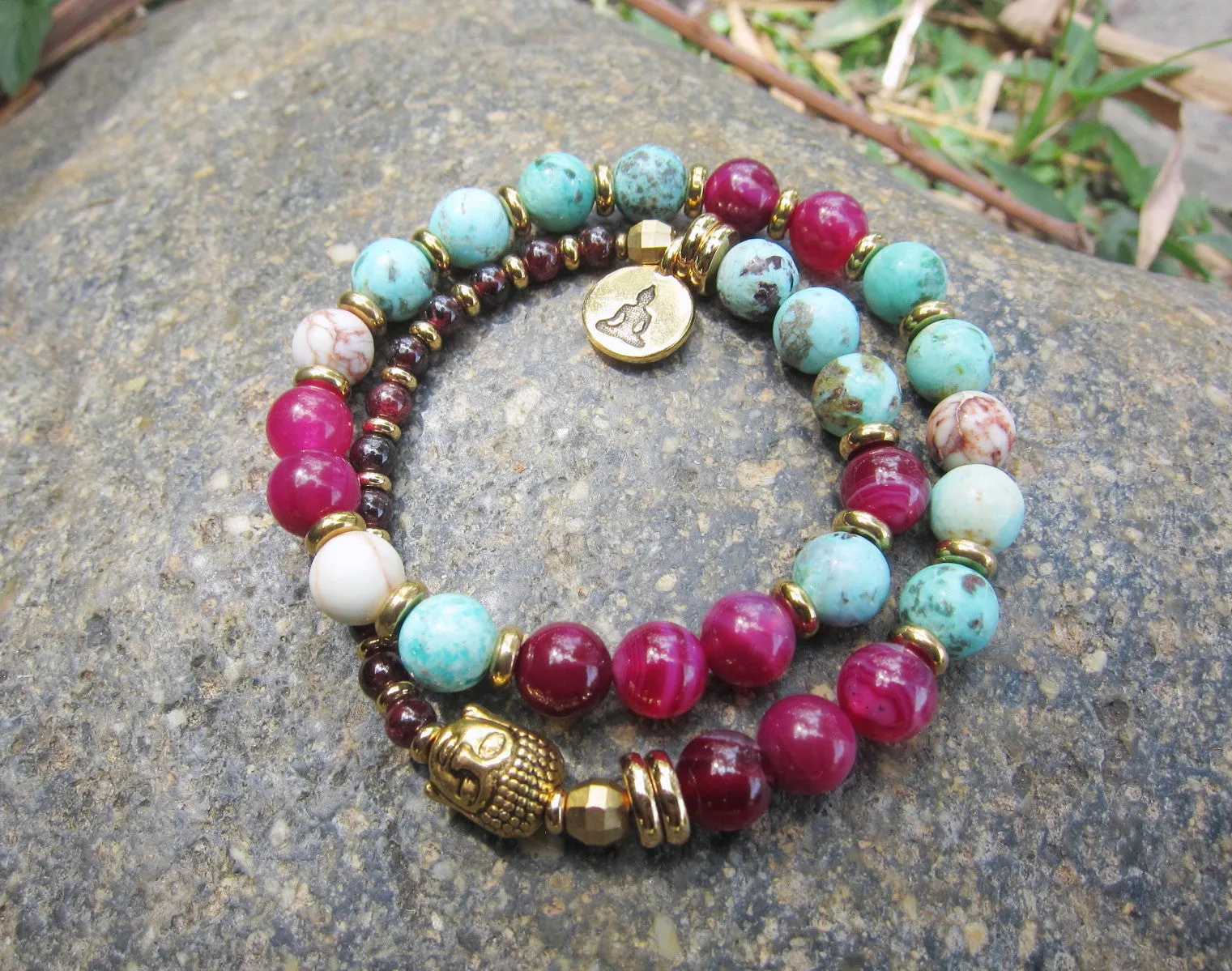 Peruvian Turquoise, Pink Fuchsia Agate in 27 Bead Mala Bracelet