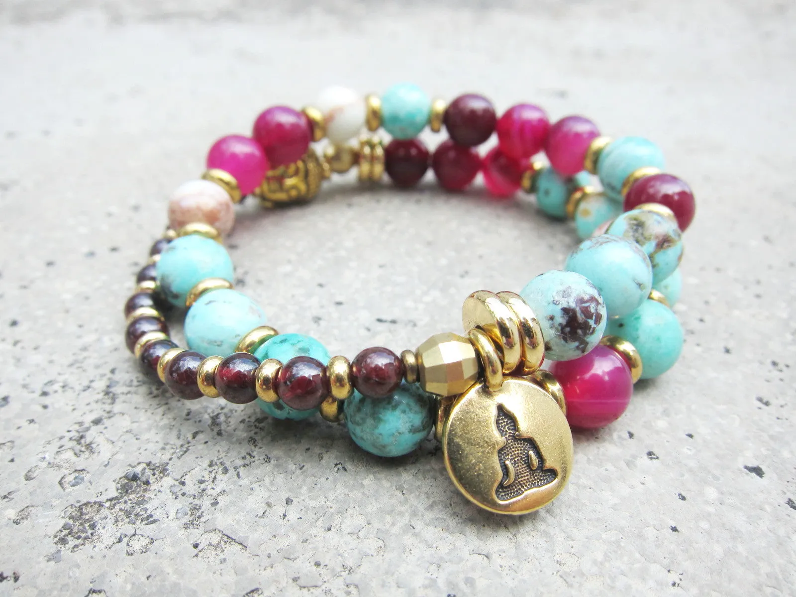 Peruvian Turquoise, Pink Fuchsia Agate in 27 Bead Mala Bracelet