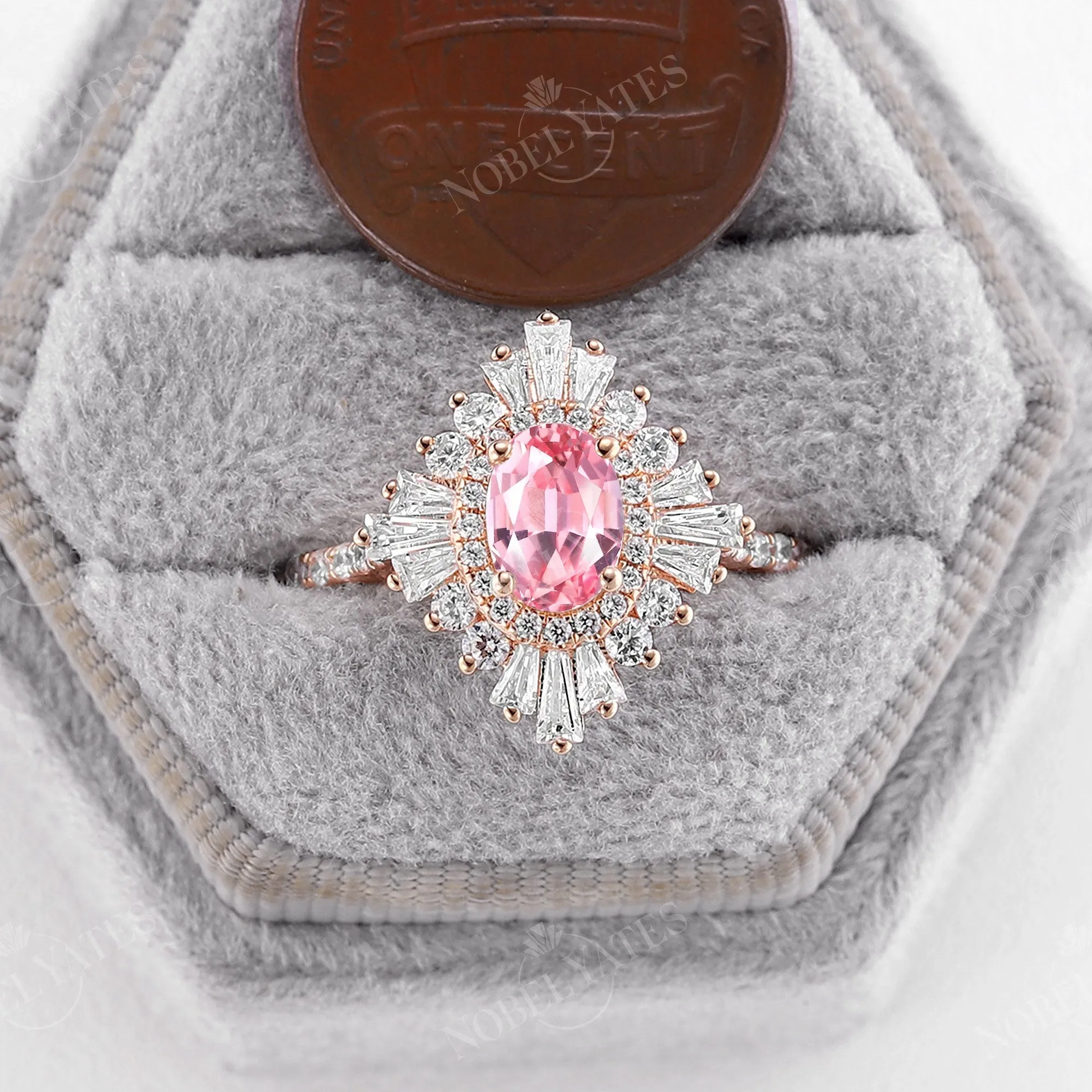 Pink Lab Grown Padparadscha Art Deco Engagement Ring Baguette Halo