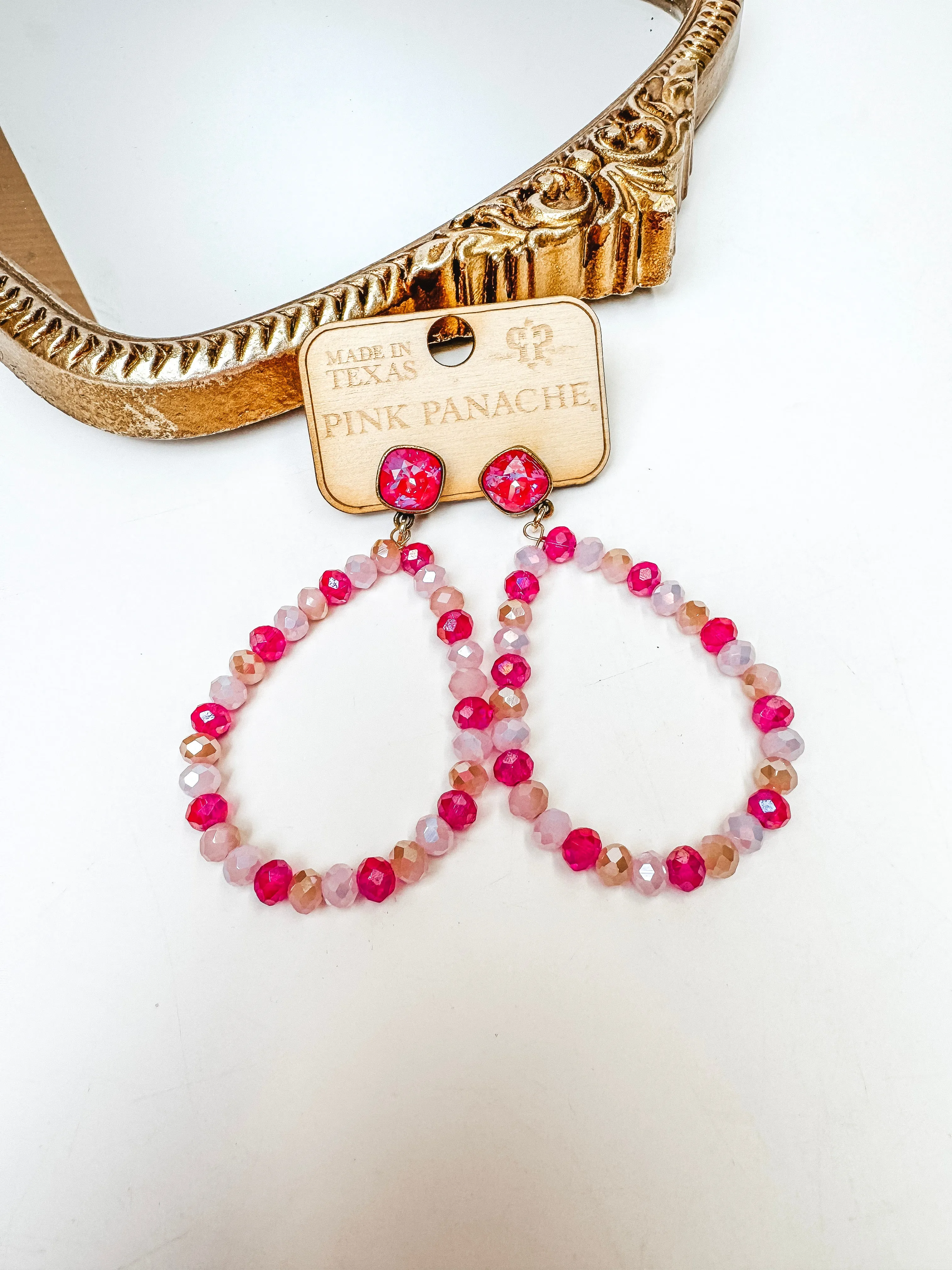 Pink Panache | AB Crystal Post Beaded Teardrop Earrings in Fuchsia Pink Mix