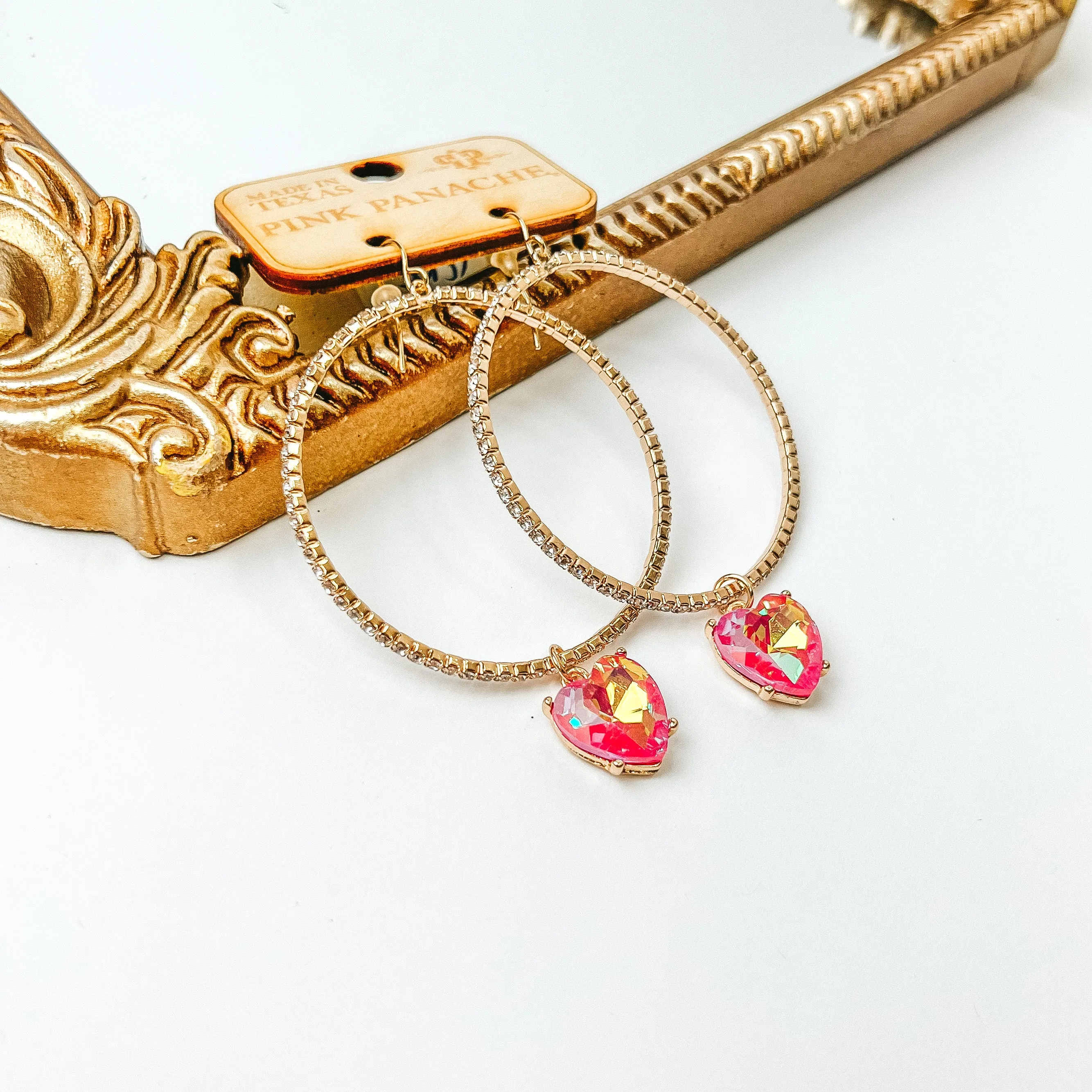 Pink Panache | Crystal Circle Outline Earrings with Fuchsia AB Crystal Heart Teardrops in Gold Tone