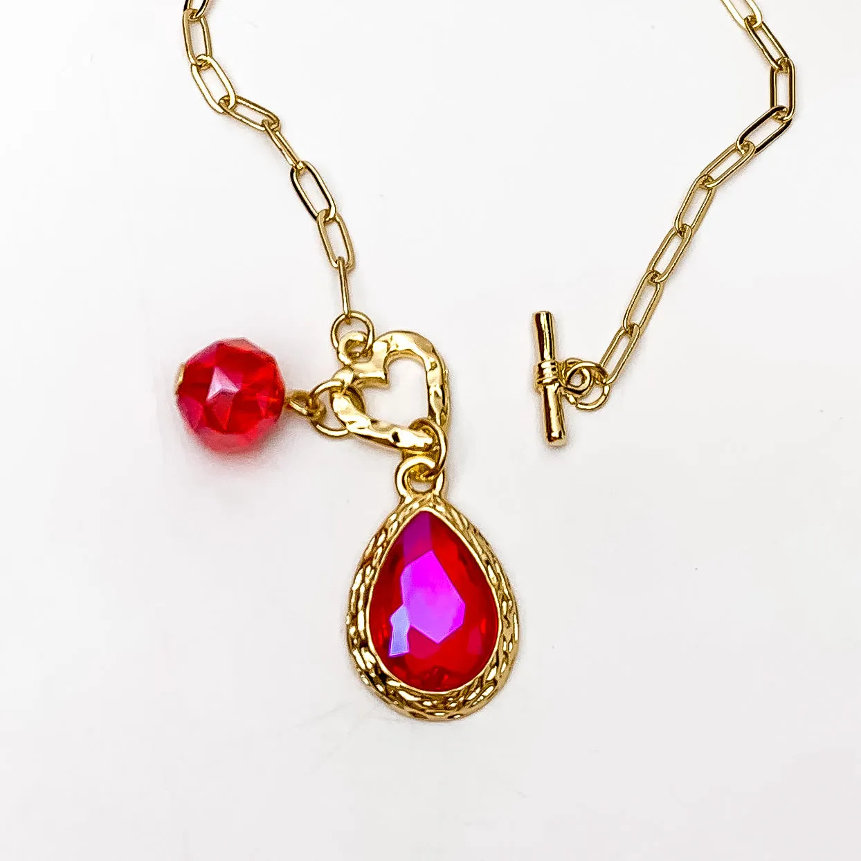 Pink Panache | Gold Tone Chain Necklace with Heart Toggle and Fuchsia Pink Crystal Charms