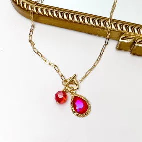 Pink Panache | Gold Tone Chain Necklace with Heart Toggle and Fuchsia Pink Crystal Charms