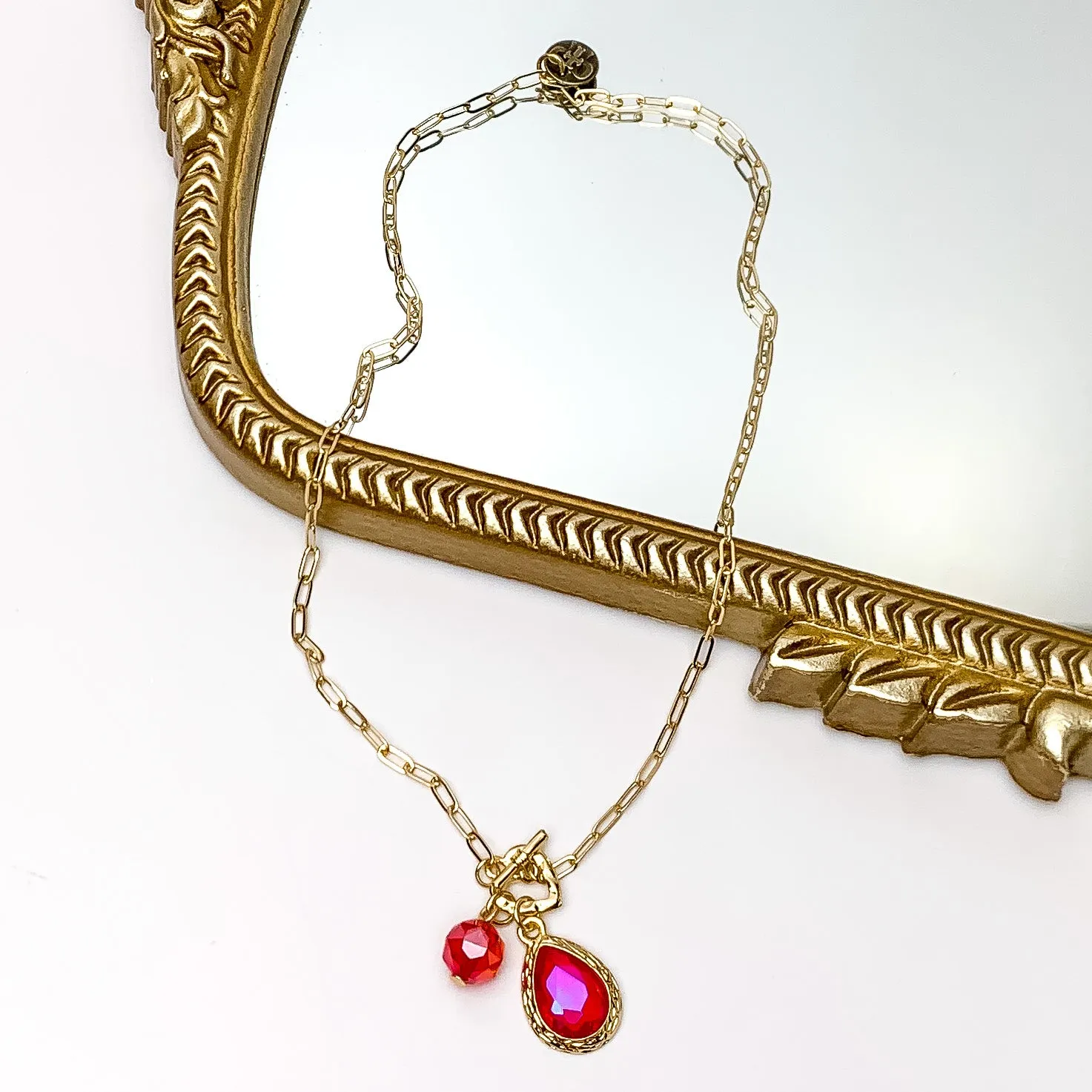 Pink Panache | Gold Tone Chain Necklace with Heart Toggle and Fuchsia Pink Crystal Charms