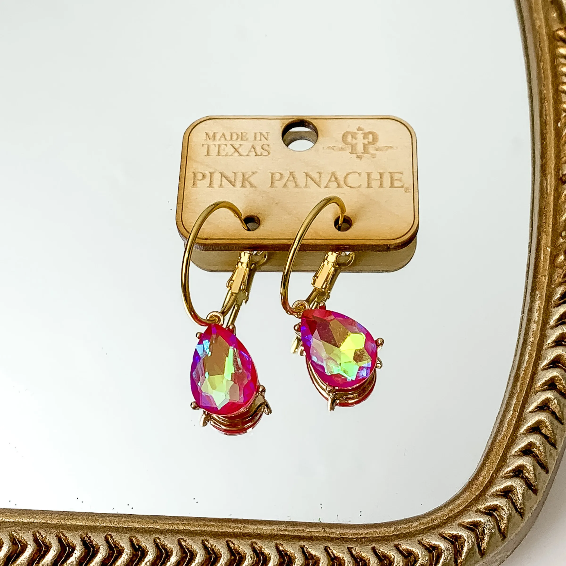 Pink Panache | Gold Tone Hoop Earrings with Fuchsia Teardrop Crystal