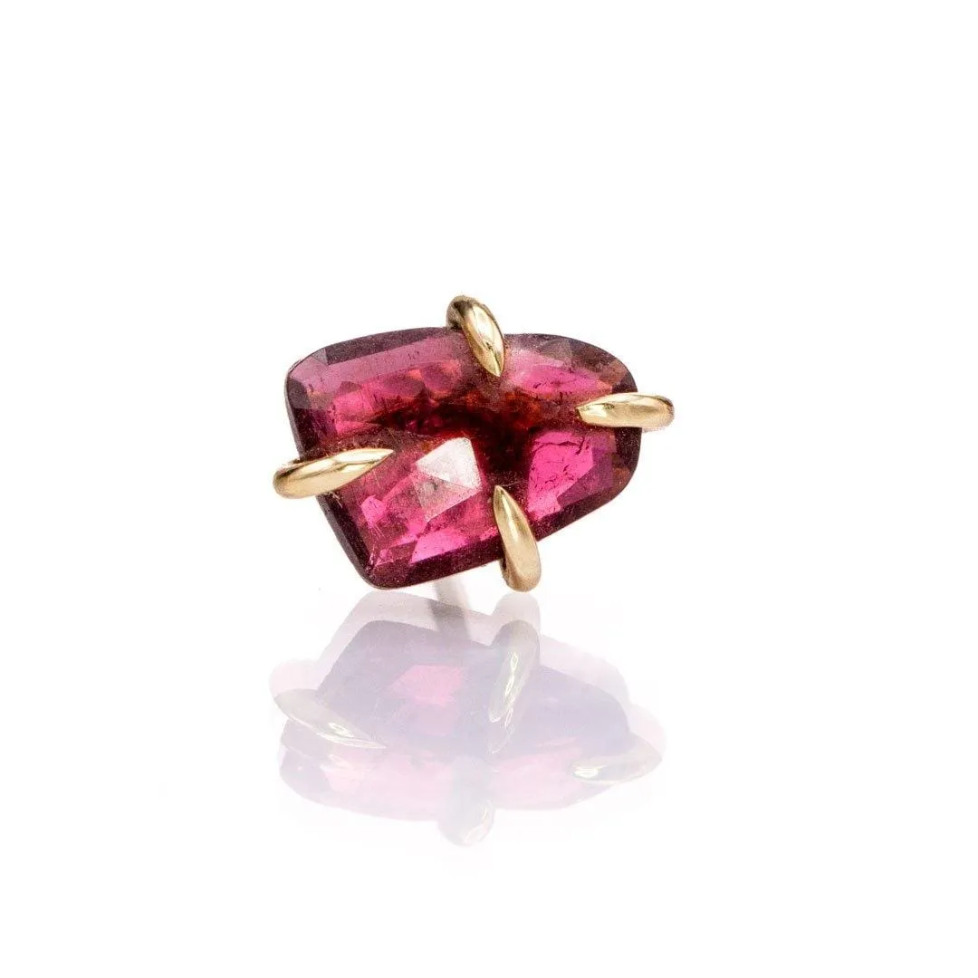 Pink Rose Cut Freeform Tourmaline Rubellite 14k Yellow Gold Prong Single Stud Earring, Ready to Ship