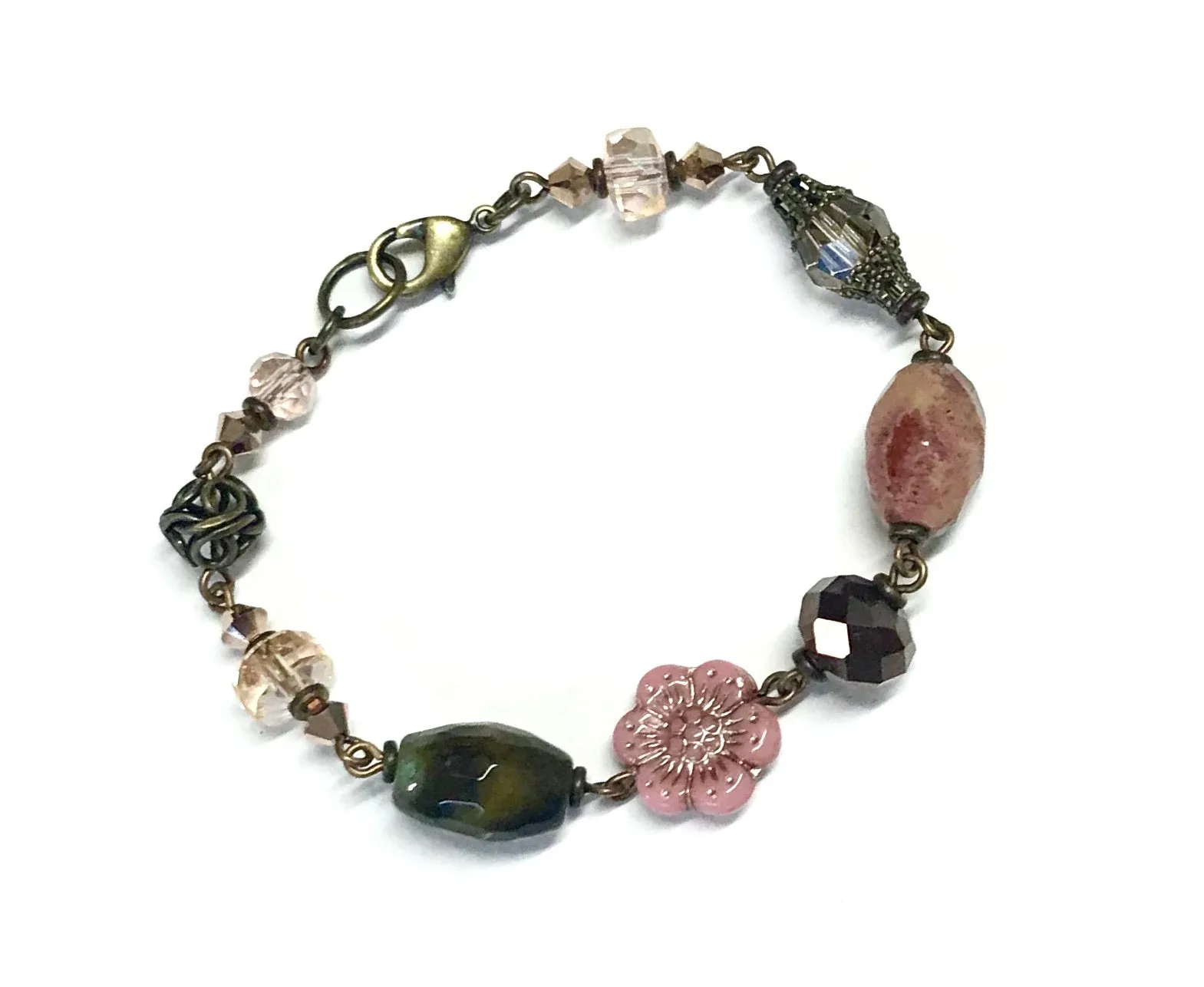 Pink Wild Rose Flower Bracelet - Antiqued Brass