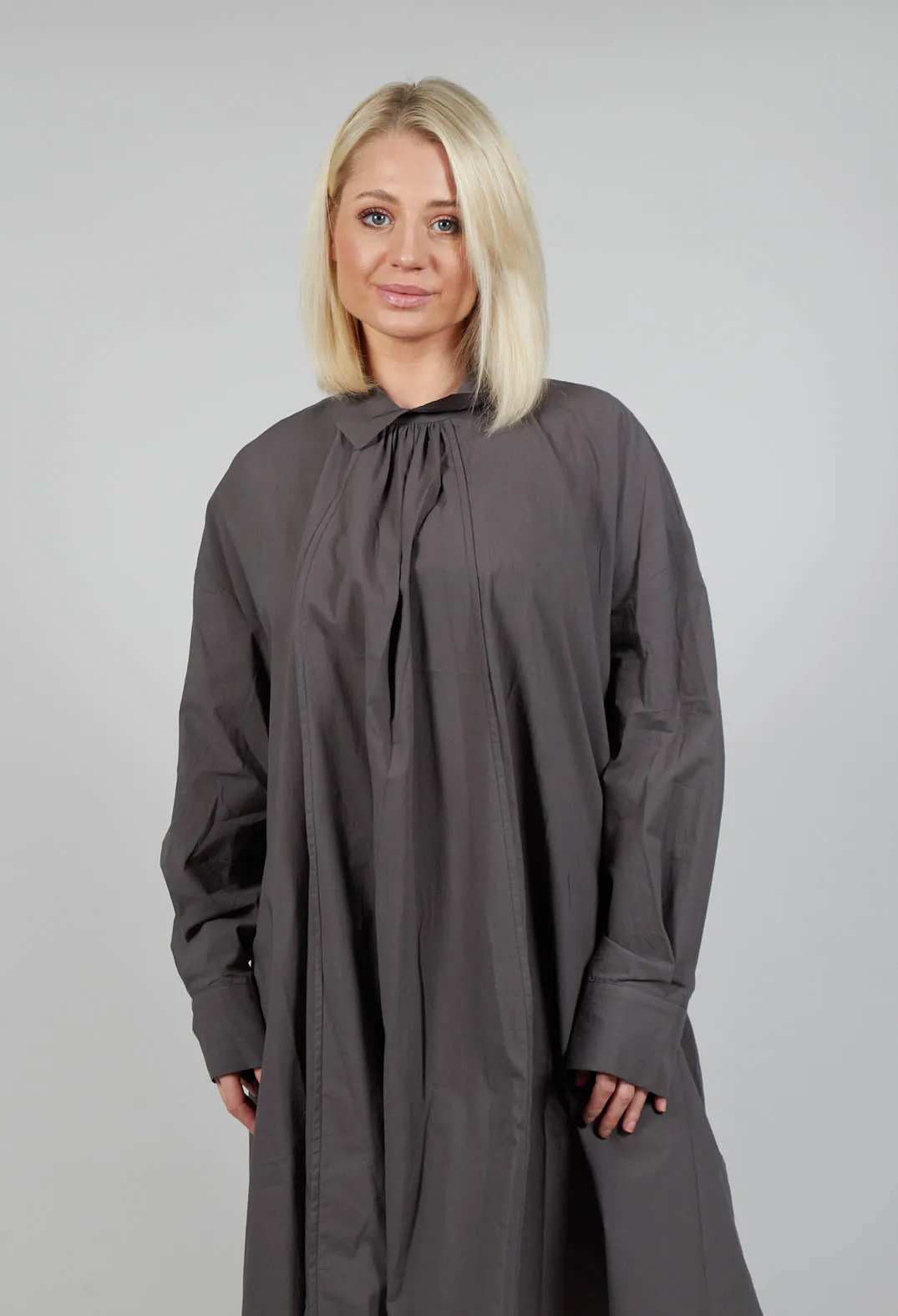 Pleated Neckline Shirt Dress in Grey