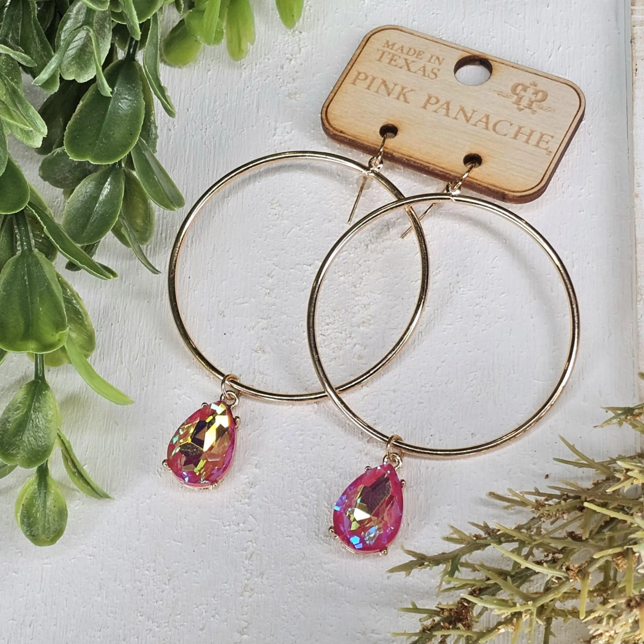 PP Large Gold Hoop Pink AB Drop Earrings