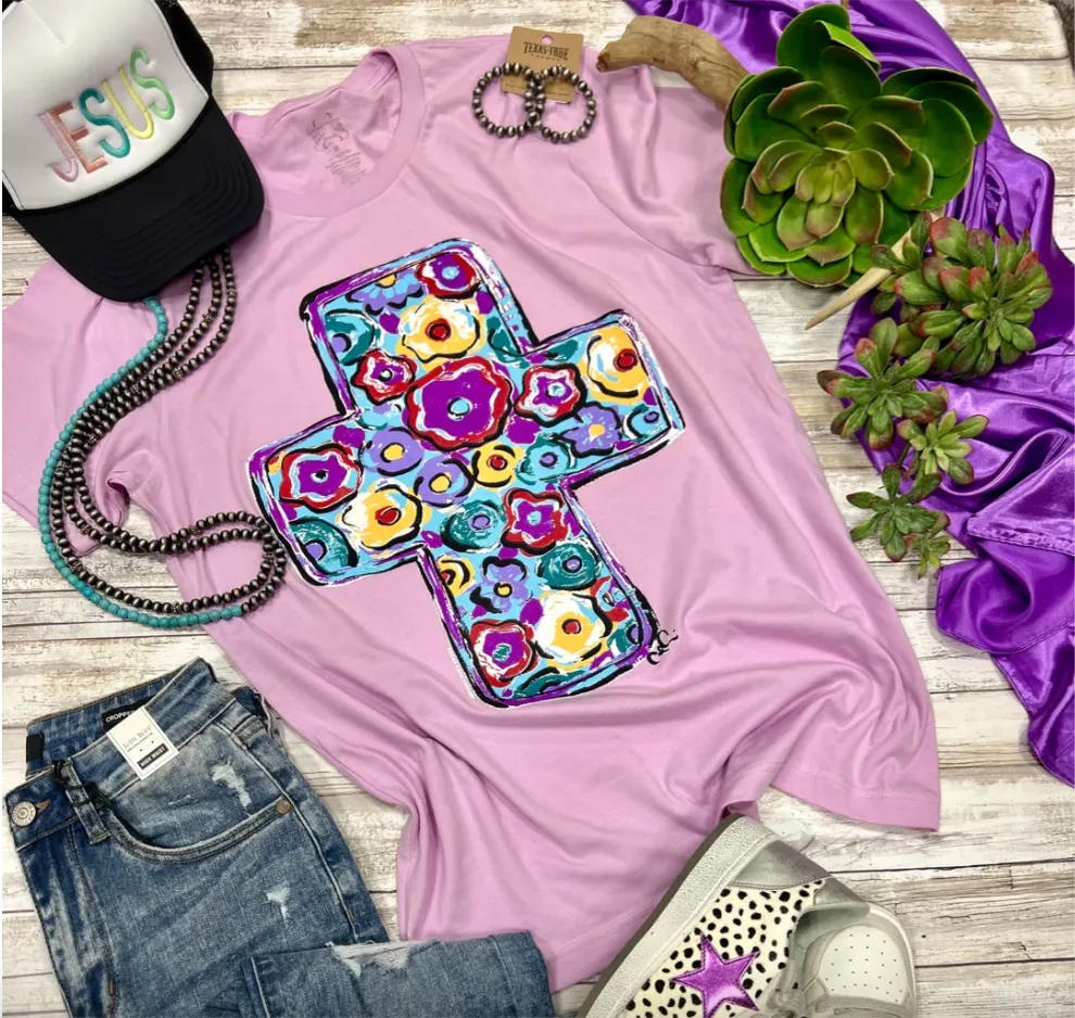 Purple Floral Cross Graphic Tee