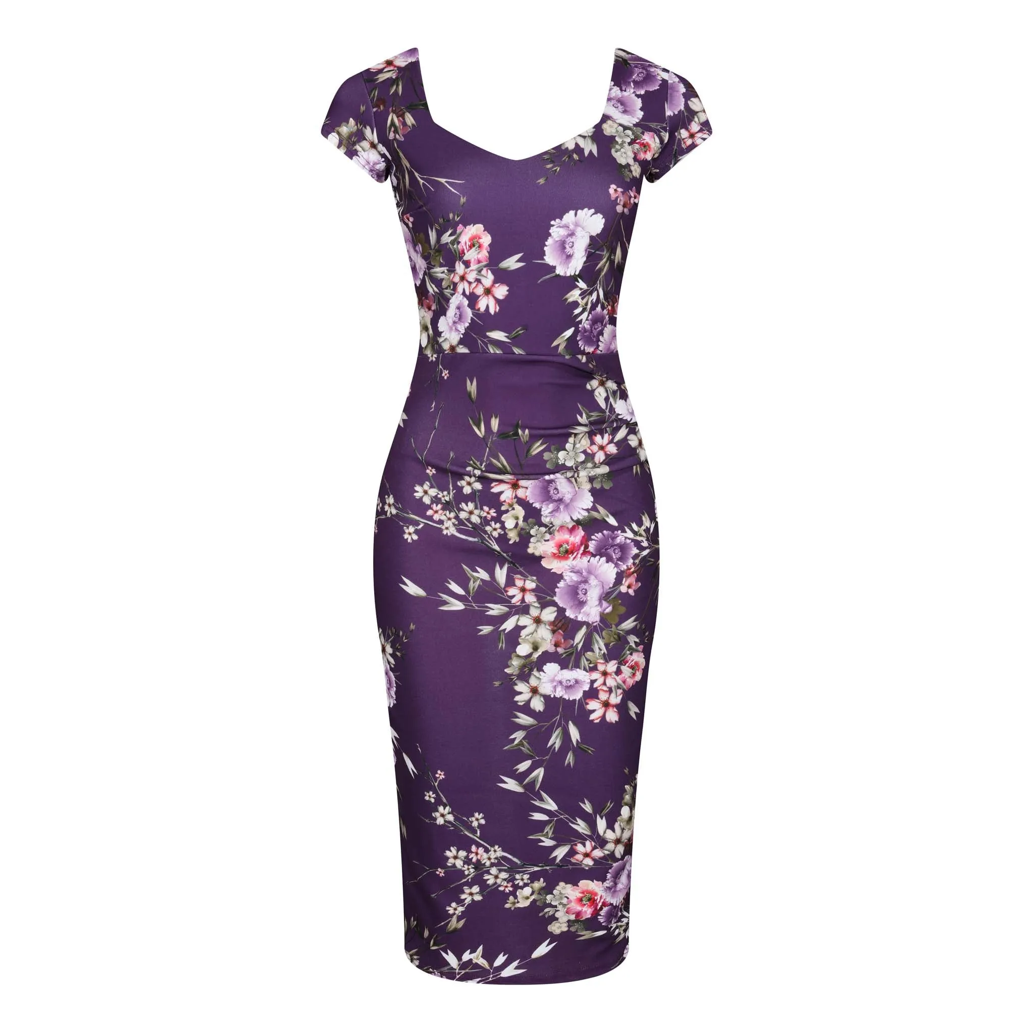 Purple Floral Print Cap Sleeve V Neck Bodycon Wiggle Dress