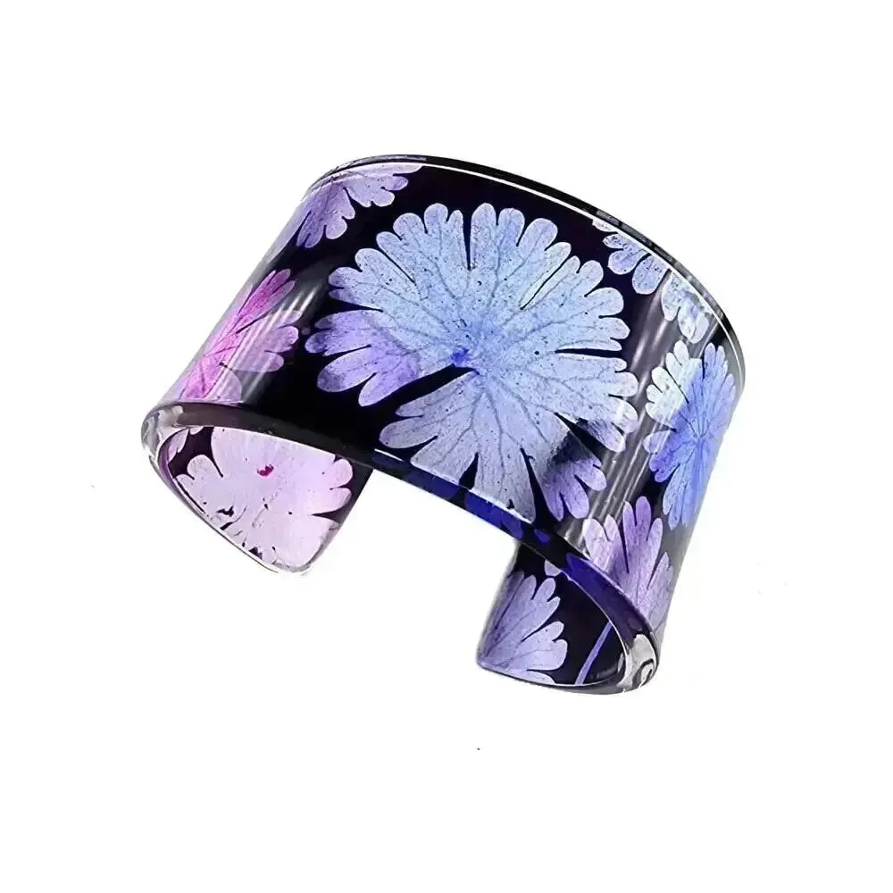 Purple Geranium Floral Cuff Bangle | Recycled Perspex