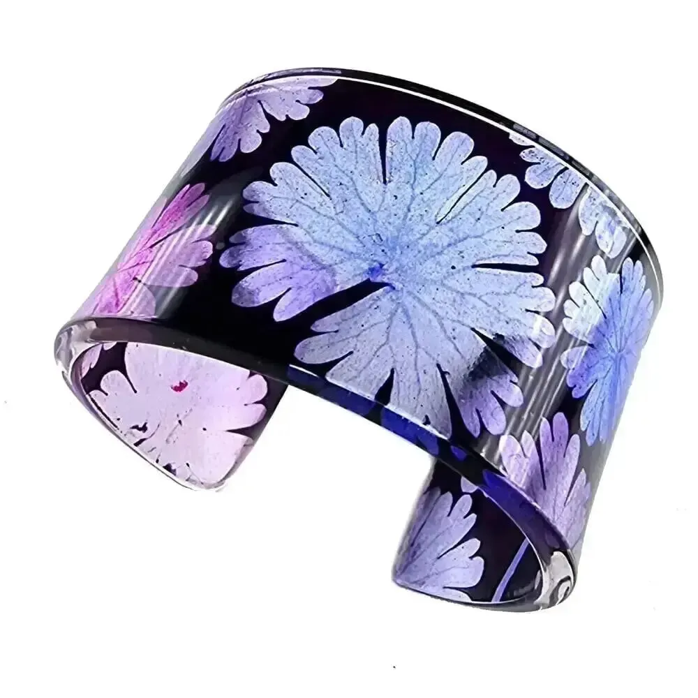 Purple Geranium Floral Cuff Bangle | Recycled Perspex