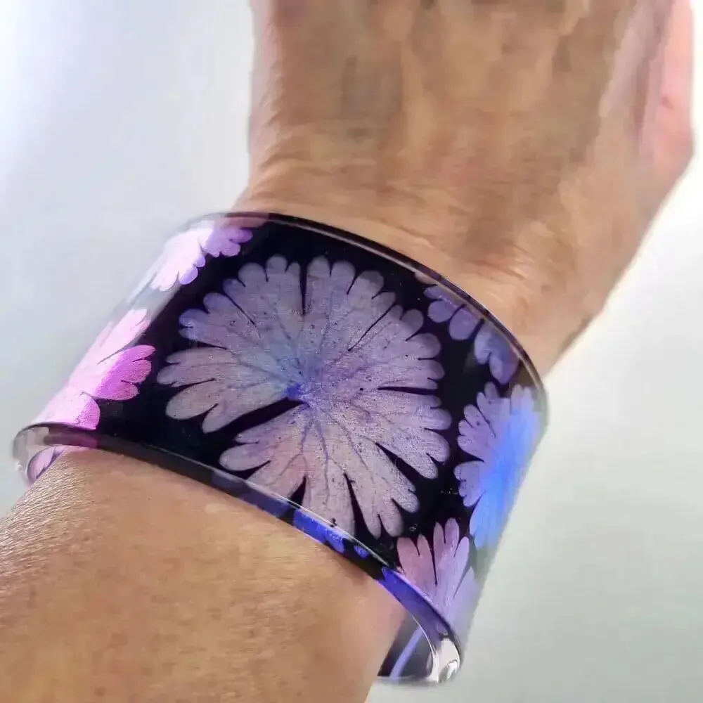 Purple Geranium Floral Cuff Bangle | Recycled Perspex