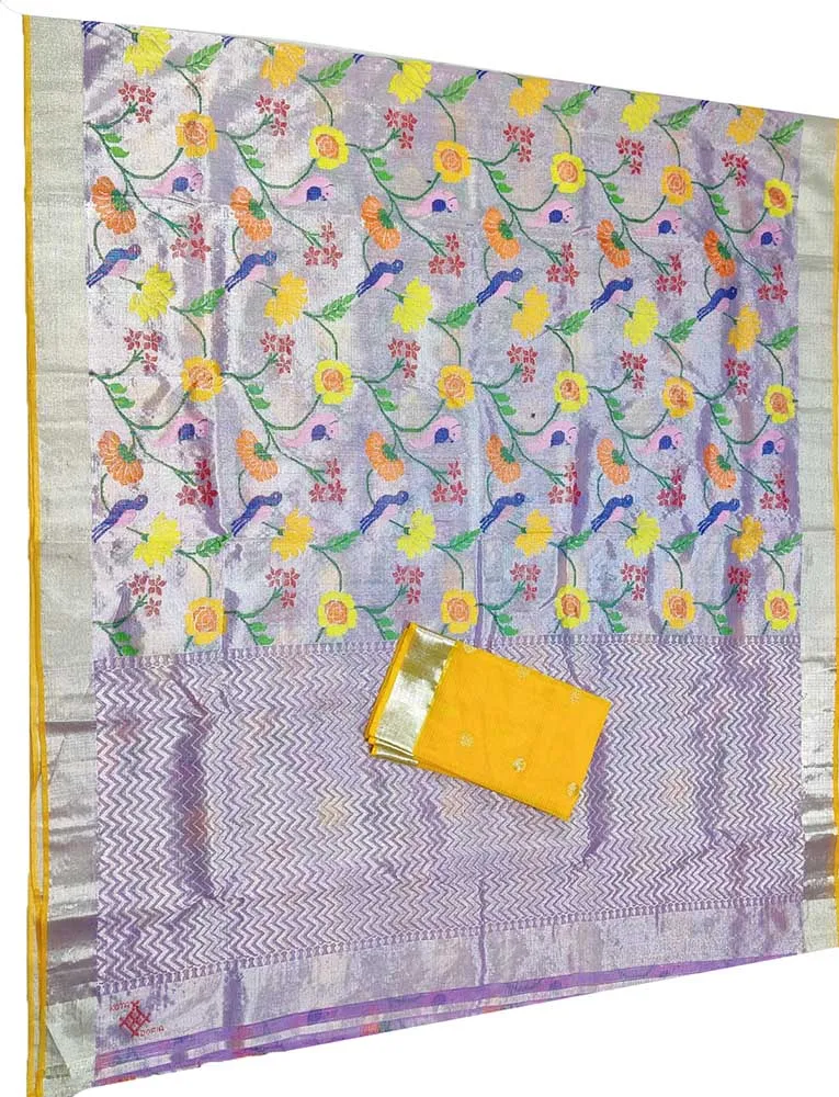 Purple Handloom Kota Doria Tissue Silk Real Zari Bird And Floral Design Saree