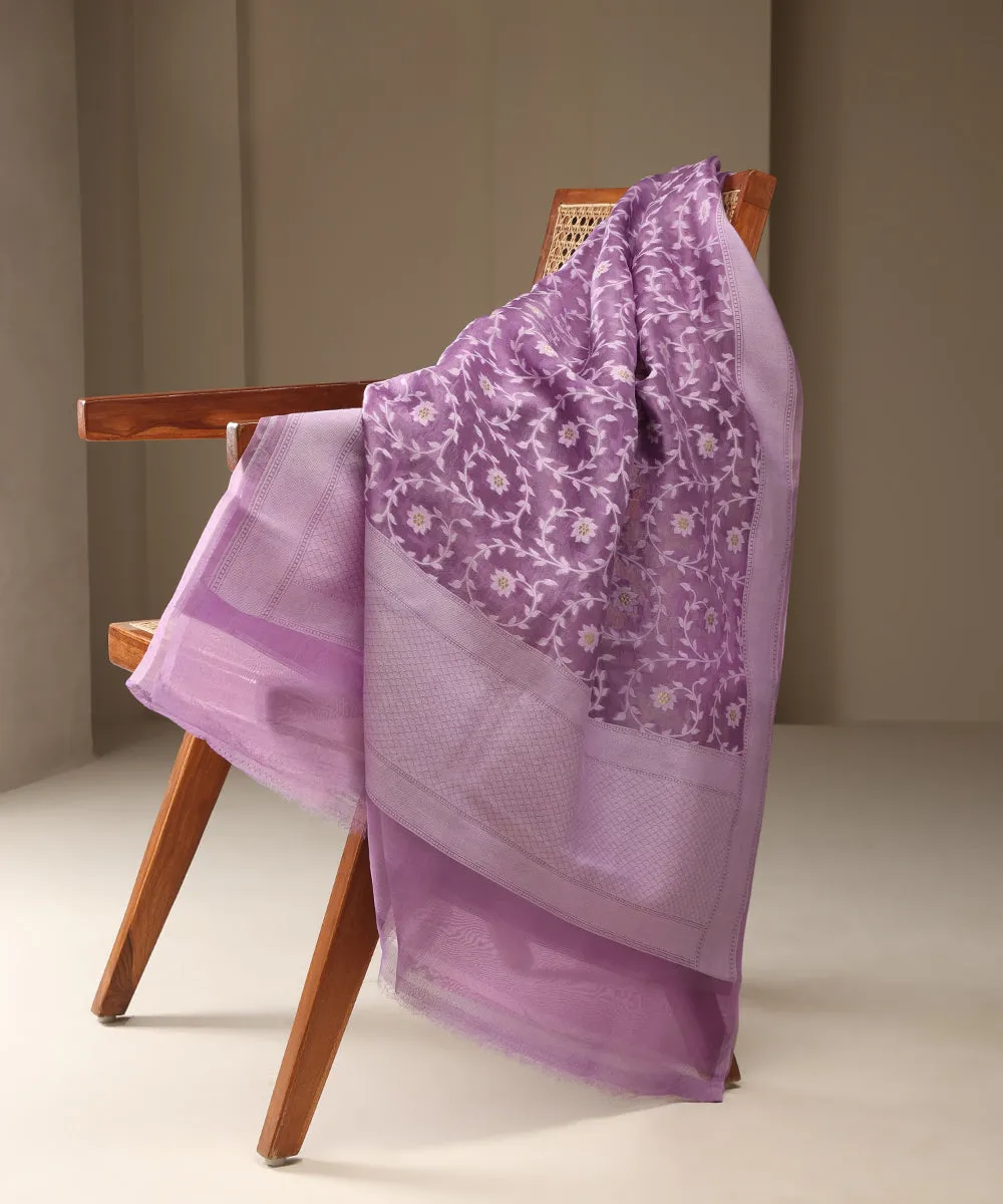 Purple Handloom Pure Kora Silk Banarasi Dupatta With Floral Jaal