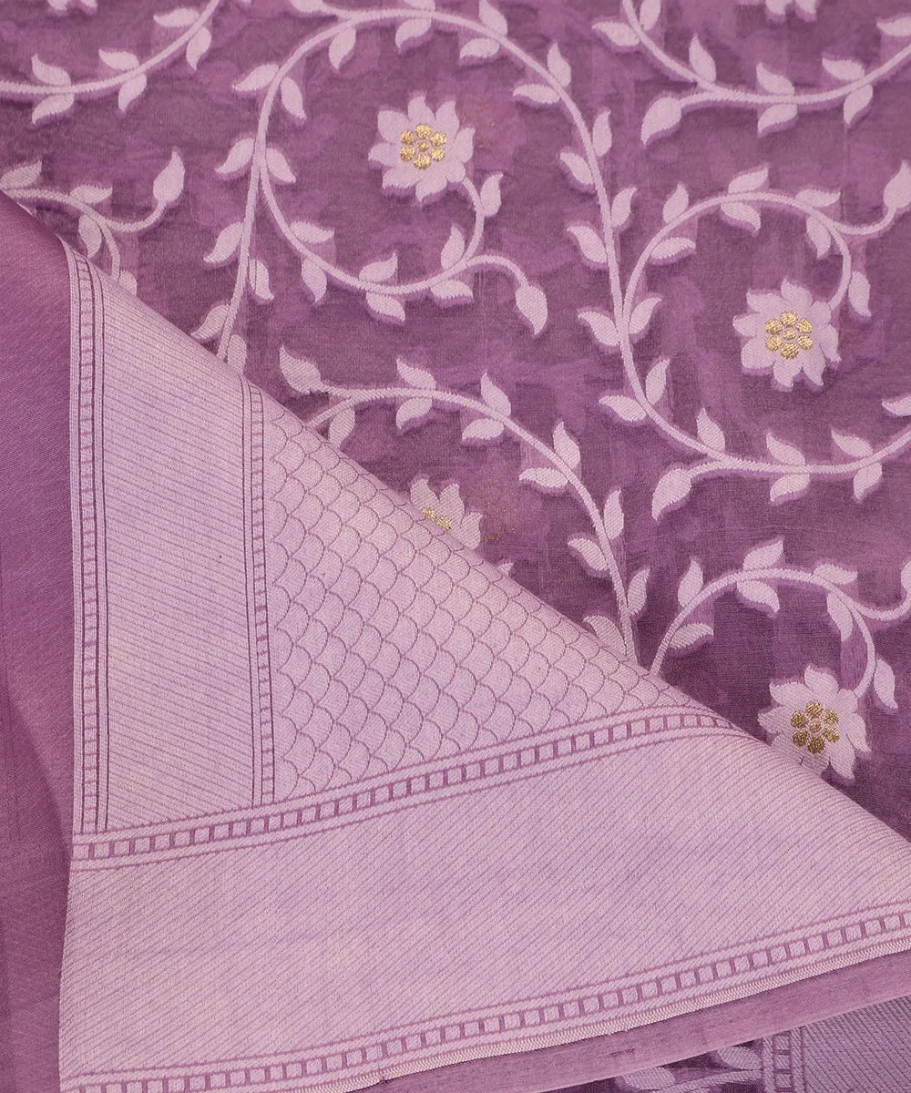 Purple Handloom Pure Kora Silk Banarasi Dupatta With Floral Jaal