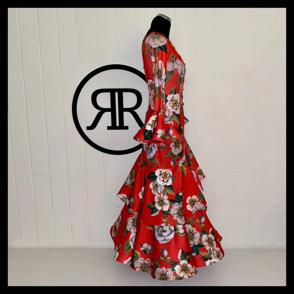 Red Floral Print Standard Ballroom Dress