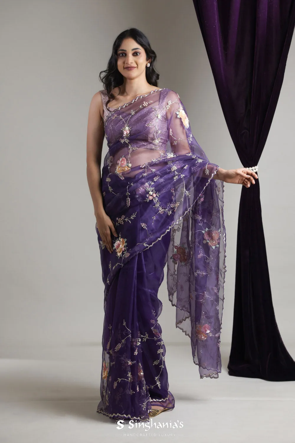 Rich Purple Designer Organza Saree With Floral Jaal Embroidery