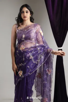 Rich Purple Designer Organza Saree With Floral Jaal Embroidery