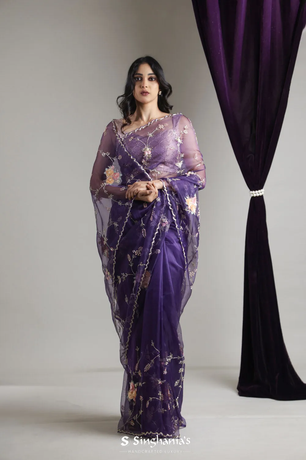 Rich Purple Designer Organza Saree With Floral Jaal Embroidery